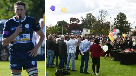 Forbes Rugby Club president Sam Parish (left) and balloons being released at the funeral of Molly Ticehurst.