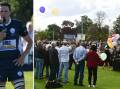 Forbes Rugby Club president Sam Parish (left) and balloons being released at the funeral of Molly Ticehurst.